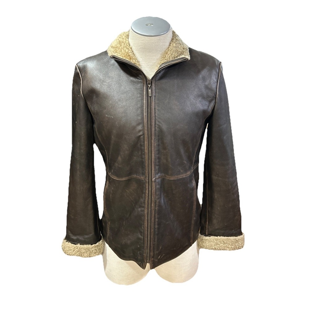 BKE Vintage Leather Jacket Mens M Brown Faux Fur